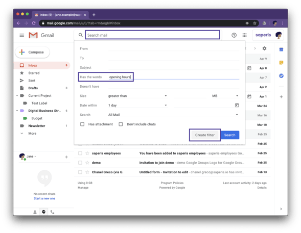 Automate Gmail: Create a filter for messages containing Opening Hours