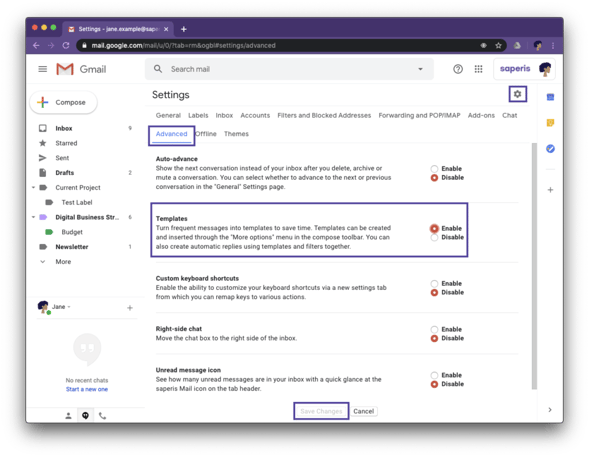 Enable templates in the Gmail settings