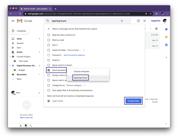 Automate Gmail: Choose Opening Hours as template