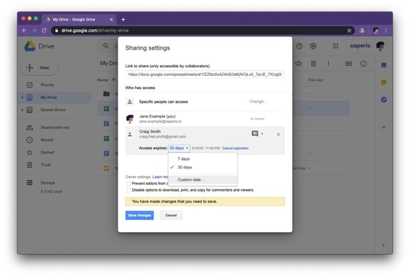 Set expiration date on file access: Dropdown with default and custom value