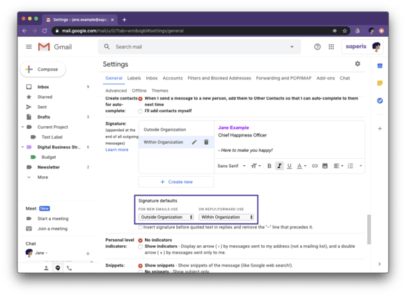 Set your default email signatures