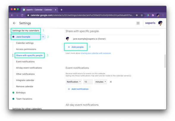 Access the sharing settings in Google Calendar