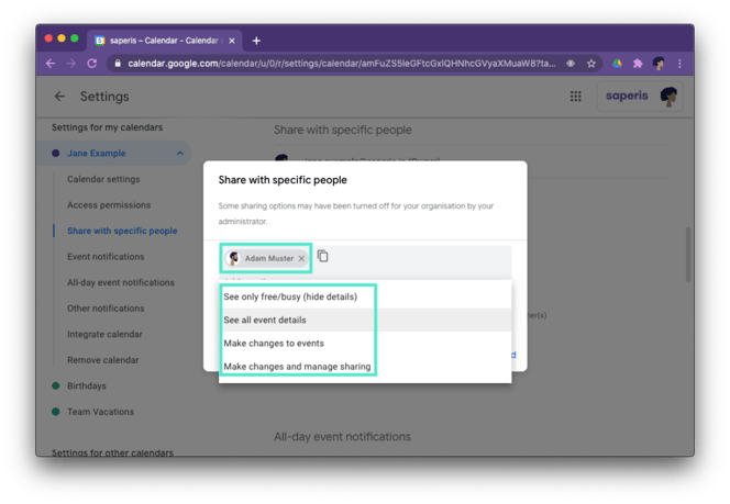 Share Google Calendar with specific person
