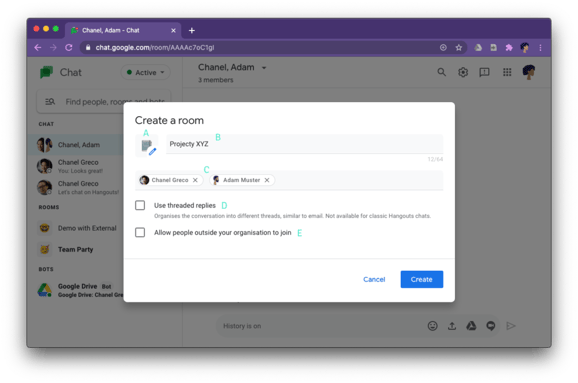 Create a room in Google Chat