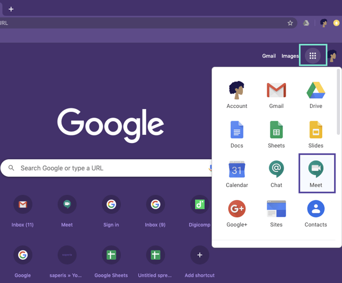 Access Google Meet via Google Apps icon