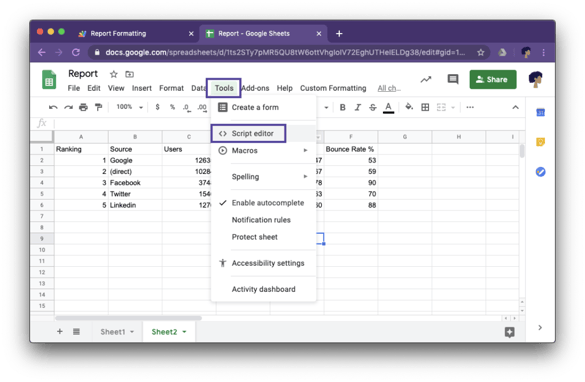 Access the script editor