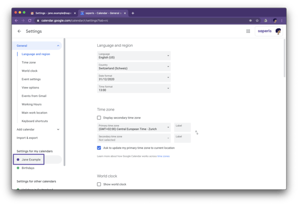 In Google Calendar click on your calendar name